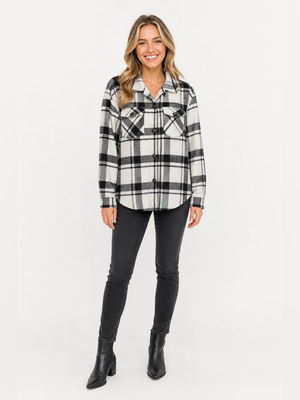 LOVE TREE SHACKET BLACK WHITE FLANNEL BUTTON DOWN LONG SLEEVE SHIRT LARGE